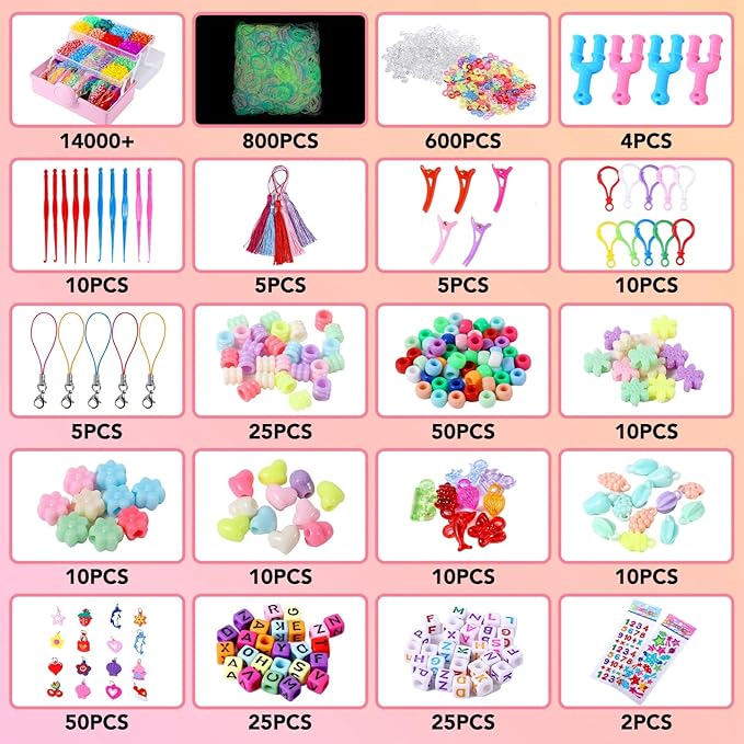 Needbrock 18500+ Bracelet Making Kit Rubber Band, 26 Colors Rubber Band Bracelet Kit Includes 800 Pcs Glow-in-The-Dark Rubber Bands, Bracelet Making Kit Valentines Gifts for Kids Age 8 Above(Pink)