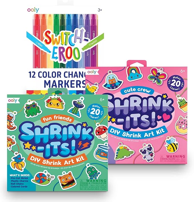 Ooly Shrink-Its DIY Shrinking Art Kit & Color Changing Markers Bundle, 40 Shrinking Charms, 6 Cords & Chains, Switch-eroo 12 Pack of Color Changing Markers, No Mess Art for Kids, Summer Activities