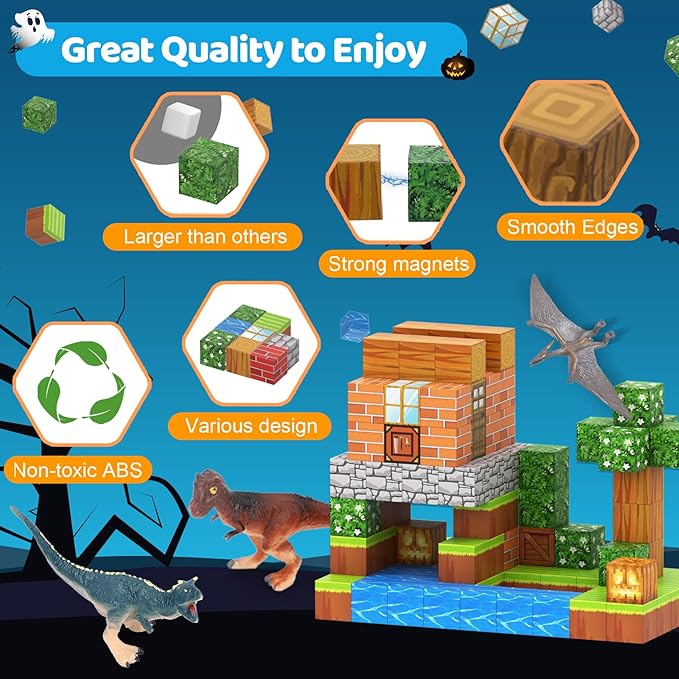 Magnetic Blocks 110PCS with 6 Animal Toys, Punpkin Building Blocks Set, Toys for Boys & Girls Age 6-8, Stacking Building Toys for Toddlers Sensory Toy for Kids 6+