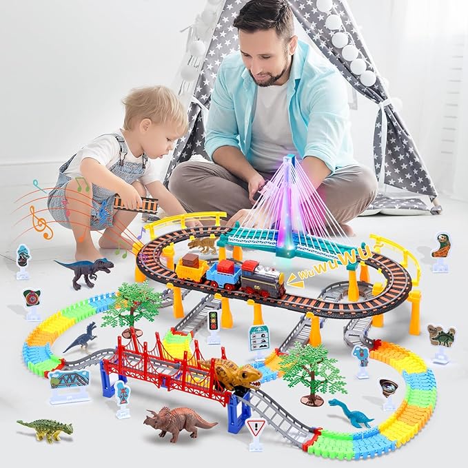 Toddler Train Set Toy, Electric Train Track & Dinosaur Track Toy for 3 4 5 Years Old Kids, Boys and Girls