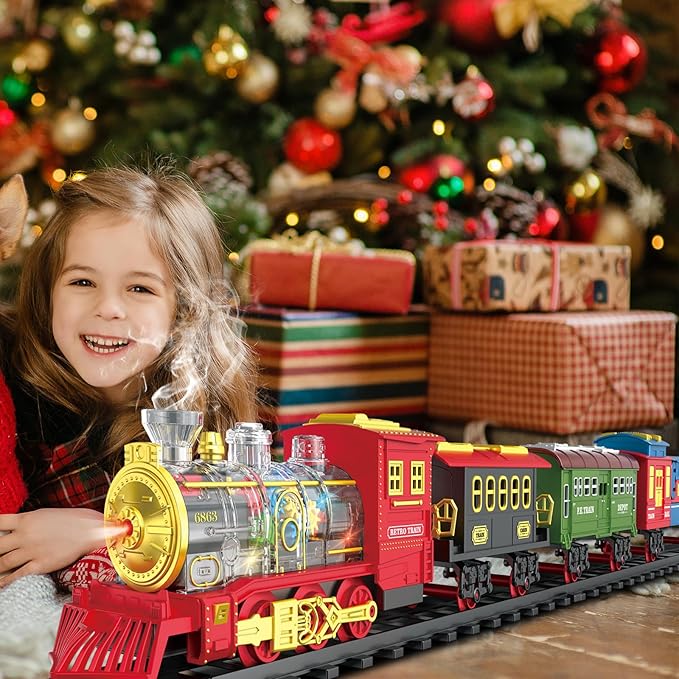 Electric Train Set Christmas Train Toys for Boys with Smokes, Lights and Sound (ON/Off) Rechargeable Train Set Under Christmas Tree, Toddler Model Trains for 3 4 5 6 7 8+ Years Old Kids Gifts