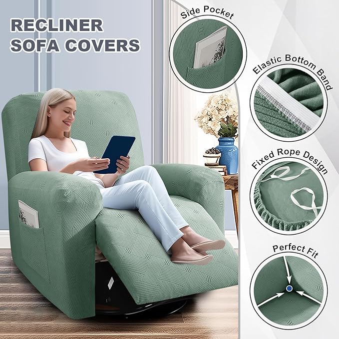 JIVINER Recliner Couch Cover, Jacquard 5 Piece Stretch Sofa Covers for 3 Cushion Reclining Lazy Boy Soft Washable Sofa Slipcovers Protector with Pockets (Recliner Sofa, Pea Green)