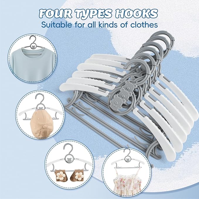 Baby Hangers 60 Pack Kids Hangers-Extendable Adjustable Non-Slip Plastic Kid Hangers for Closet，Stackable Baby Clothes Hangers for Toddler Kids Children Infant Teen,Grey Bear Toddler Hangers