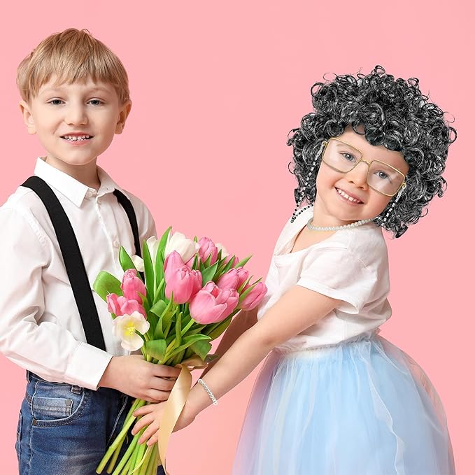 Old Lady Costume for Kids, Dark Gray Curly Wig Glasses Wig Cap Pearl Necklace Bracelet for 100 Days of School Costume