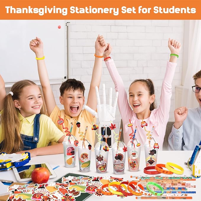 24 Set Fall Pumpkin Party Favor Thanksgiving Party Supplies Maple Turkey Keychain Pencil Straw Sticker Silicone Bracelet for Thanksgiving Goodie Bag Fillers Classroom Gifts