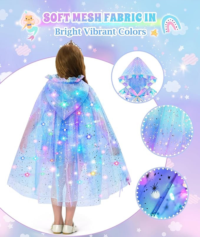 Princess Dress Up for Girls, Light up Princess Cape Princess Dress Costume Crown Wand Gifts for Toddler Girls 3 4 5 6