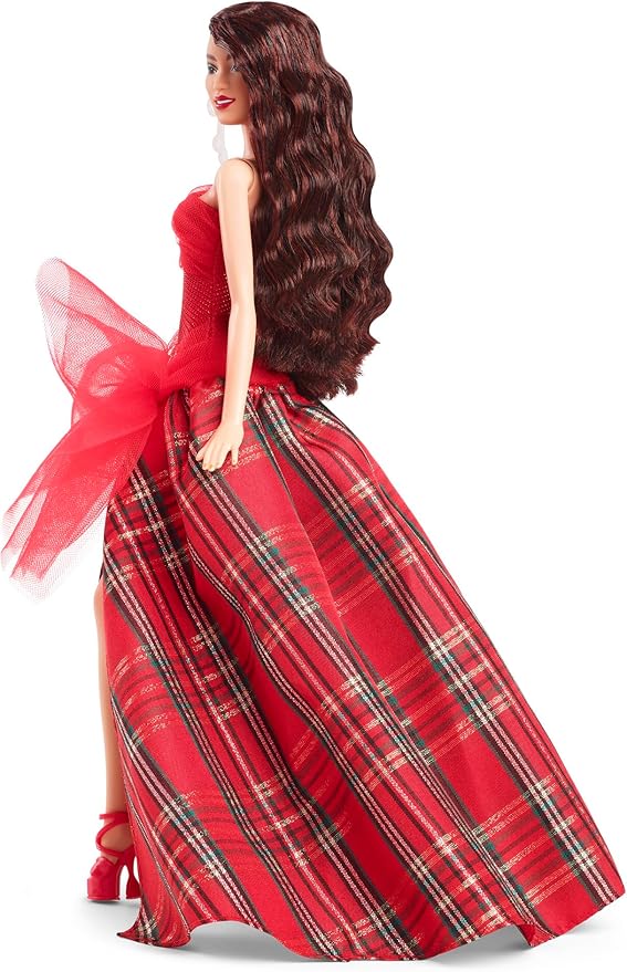 Barbie 2024 Holiday Barbie Dolls, Seasonal Collector Toy, Barbie Signature, Plaid Gown with Red Bow, Displayable Packaging, Dark Brown Hair