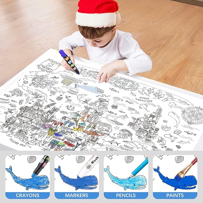 Jar Melo Giant Coloring Poster for Kids; World Map Jumbo Wall Coloring Poster, 45.3 x 31.5 Inches, Large Tablecloth Birthday Gifts for Class School Home Decorations