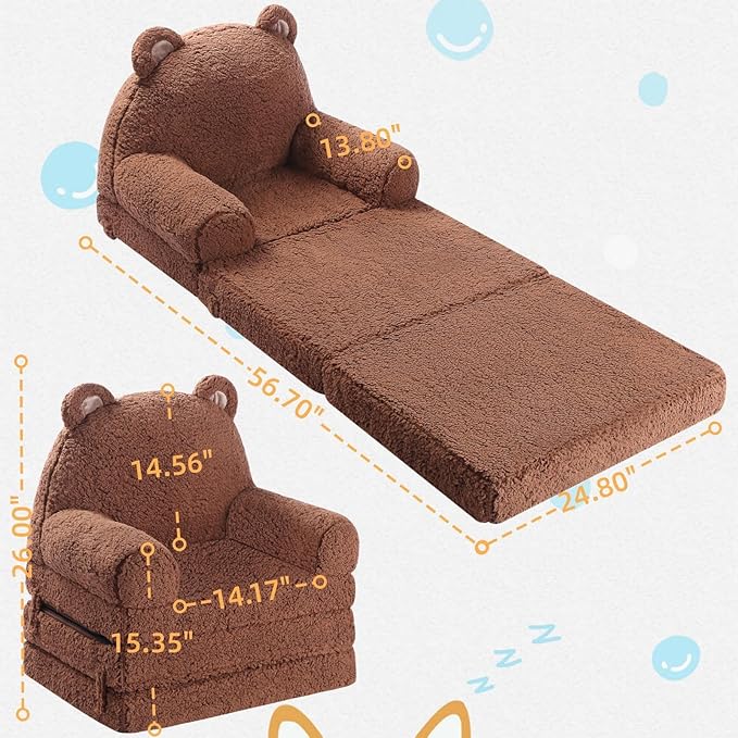 Foldable Kids Sofa, Sherpa Teddy Bear Toddler Couch with Tri Folding Foam Cushions, Comfy Kids Couch for Kids Age 3-6