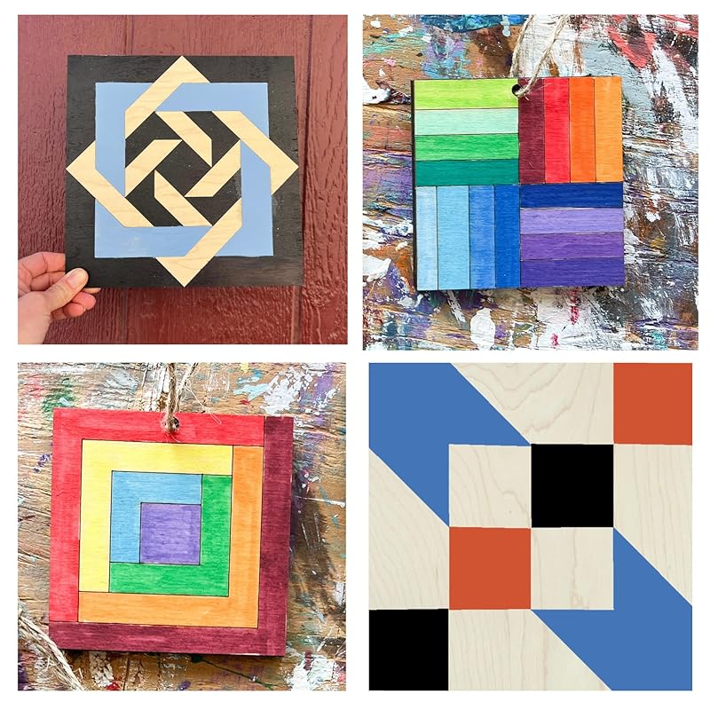Set of 4 Barn Quilt Kit DIY Pattern Unfinished Wood Quilting Block Sign Paintable Art for Adults and Kids (6 Inches Square) (Log Cabin, Road to Oklahoma, Slip Knot, Rail Fence)