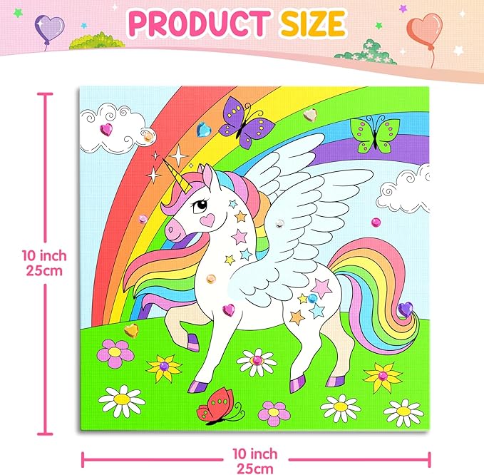 ZMLM Kids Pre Drawn Canvas for Painting, Acrylic Painting Kit for Kids ages 4-8, 10 x 10 Inch Unicorn Pre Drawn Canvas Panel with Diamond Sticker, Arts & Crafts for Kids Birthday Christmas Shcool Gift