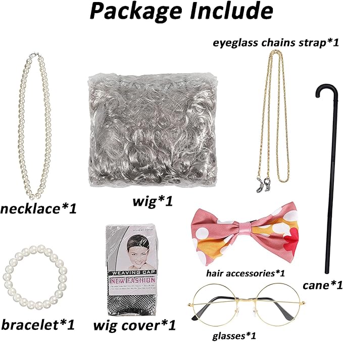 Old Lady Costume for Kids Girls, 9Pcs 100th Days of School Grandma Outfits with Wig Cane, Granny Cosplay Dress Up