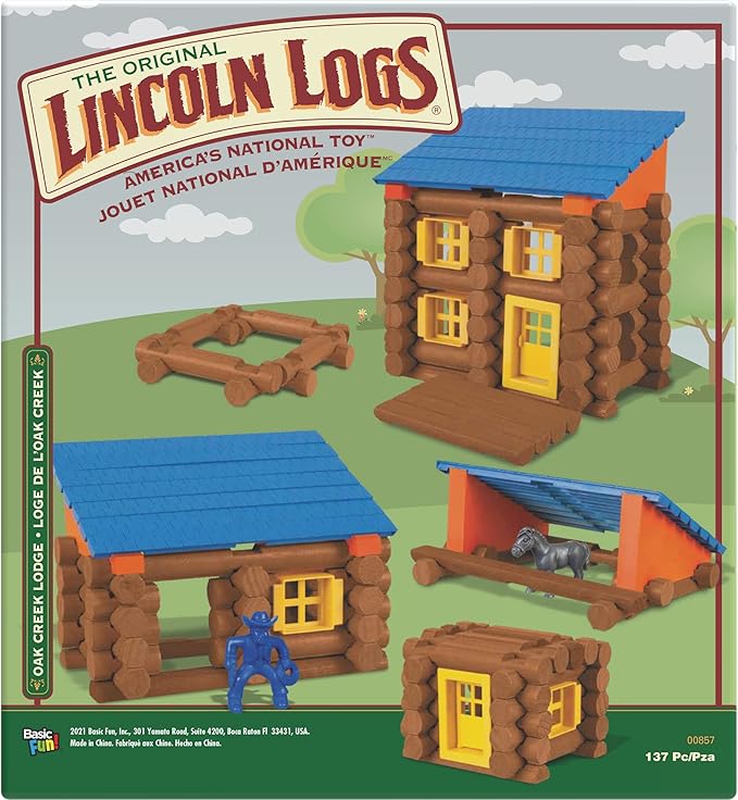 LINCOLN LOGS – Oak Creek Lodge – 137 Pieces - Real Wood Logs-Ages 3+ - Best Retro Building Gift Set for Boys/Girls – Creative Construction Engineering – Top Blocks Game Kit - Preschool Education Toy