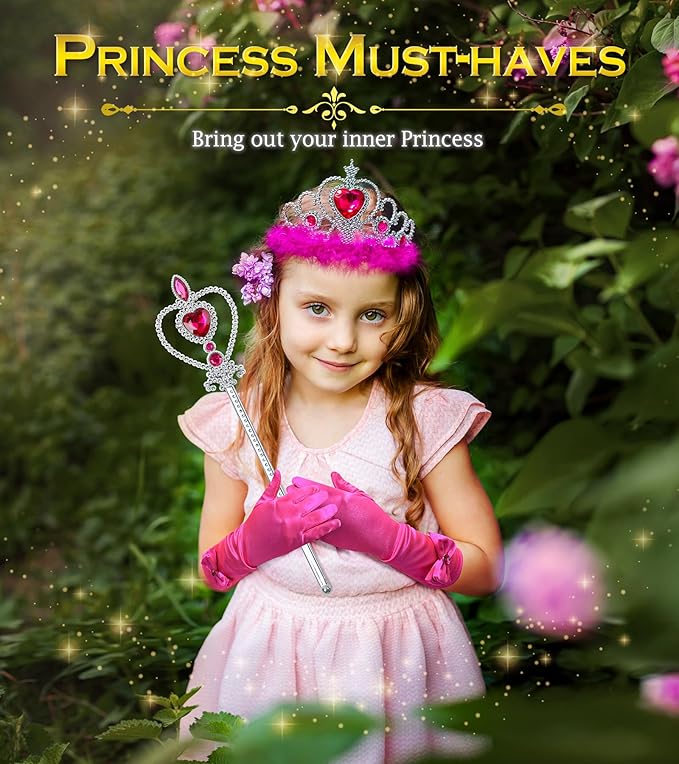 Princess Dress Up Accessories Princess Gloves, 7pcs Dress Up Set for Toddler Girls (Rose, 7PCS)