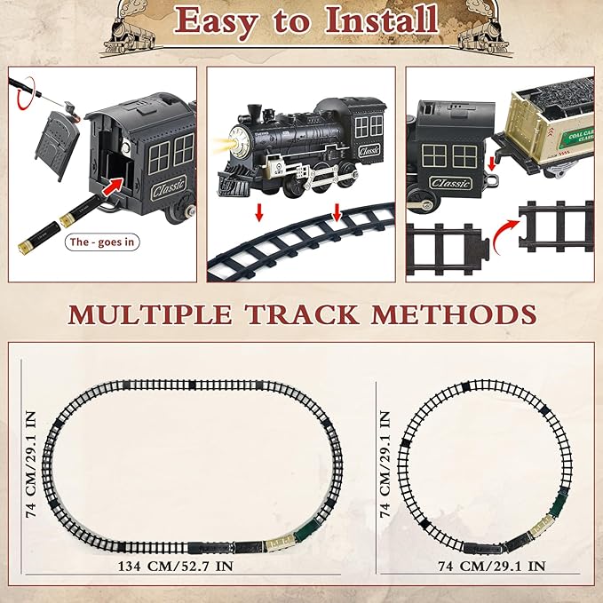 Kids Train Set - Train Toys w/Sounds (Turn ON/Off), Lights, Electric Toddlers Classical Train for Christmas Village Tree, Train Set for Toddlers 2-4, Christmas Toys Gifts 3 4 5 6 7 8+ Year Old