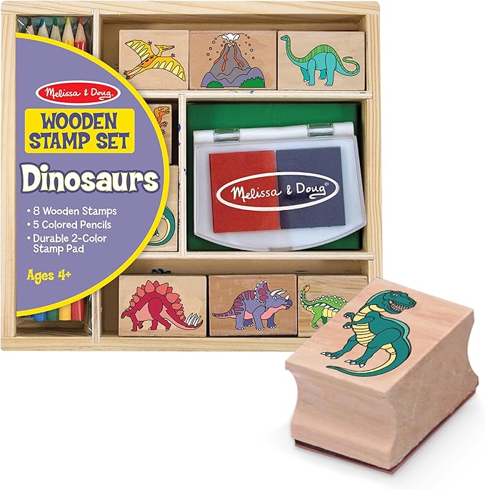 Melissa & Doug Wooden Stamp Set: Dinosaurs - 8 Stamps, 5 Colored Pencils, 2-Color Stamp Pad - FSC Certified