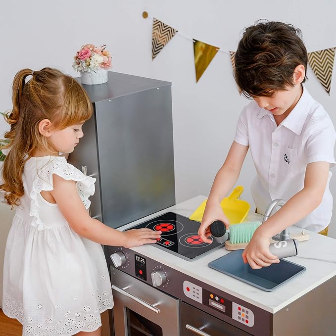 Teamson Kids Little Chef Milano Classic Kids Kitchen Playset with 10 Accessories, Gray