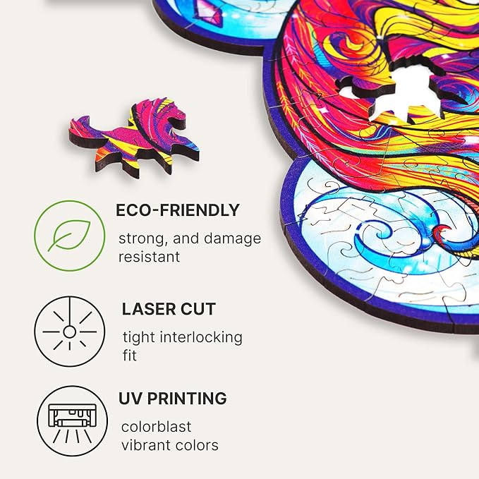UNIDRAGON Wooden Jigsaw Puzzles - Inspiring Unicorn, 195 pcs, Medium 10.2"x12.6", Beautiful Gift Package, Unique Shape Best Gift for Adults and Kids