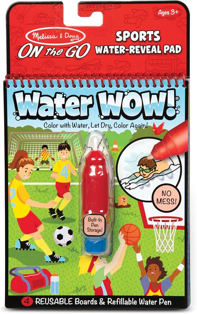 Melissa & Doug On The Go Water Wow! Reusable Water-Reveal Coloring Activity Pad – Sports - Party Favors, Stocking Stuffers, Travel Toys For Toddlers, Mess Free Coloring Books For Kids Ages 3+