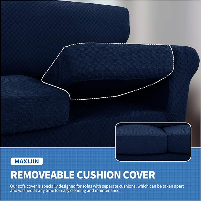 MAXIJIN 3 Piece Stretch Couch Covers for 2 Cushion Couch Sofa Slipcovers with 2 Extra Large Seat Cushion Couch Jacquard Loveseat Sofa Couch Cover for Dogs (2 Cushion Sofa, Navy Blue)