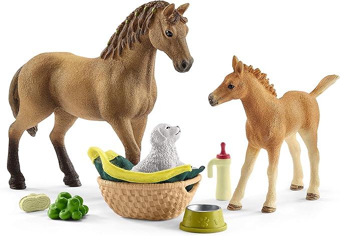 Schleich Horse Club Sarah's Baby Horse Animal Care Figurine Toy Set - Little Farm Animal Care Horse, Foal, and Puppy with Accessories Play Toy Set for Boys and Girls, Gift for Kids Age 5+