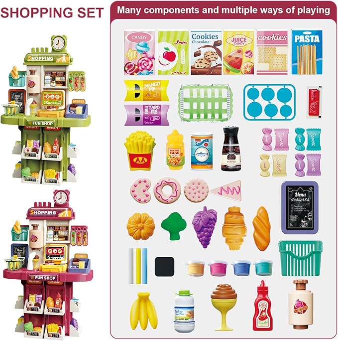 Shopping Supermarket Playset - Kids Grocery Store Pretend Play Toy for Ages 3-8 Girls Boys Unisex Children, Toy Cash Register with Scanner - Role-Playing Toys Fun (Shopping Pink)