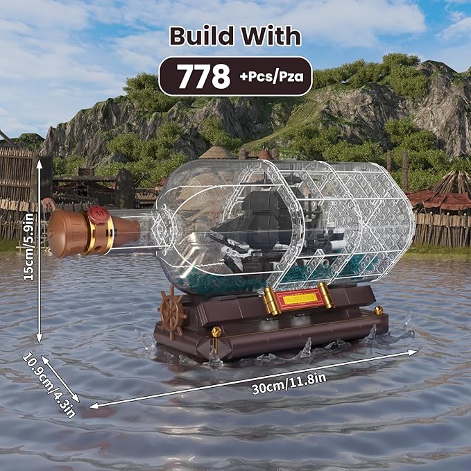 Mould King Ship in a Bottle Toy Building Sets, Black Pirate Ship in a Bottle Kit, Collectible Display Boat Model Set, STEM Project for Adults and Boys Kids Aged 8+ (778 Pieces) 10070