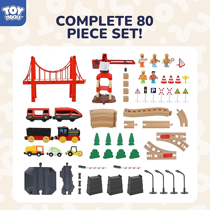 TOY Life Train Set 80pcs Train Toys with Crane & Locomotive Train, Train Set for Kids 4-8, Wooden Train Tracks Toy Train Set for Toddlers 3 4 5, Kids Train Set Gift Toy Fits Thomas, Brio Tracks