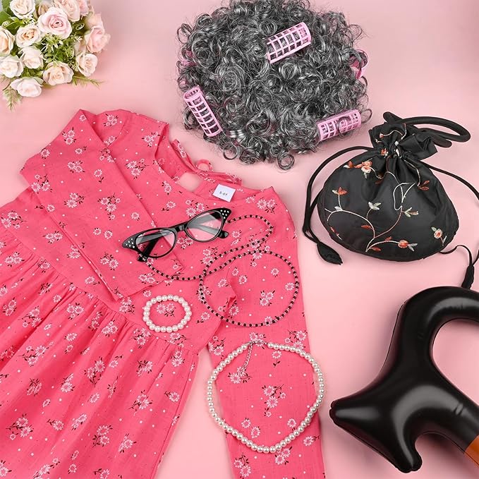 Old Lady Costume Kit Include Wig Floral Skirt Bucket Bag Glasses&Chain Cane for Halloween Granny Cosplay
