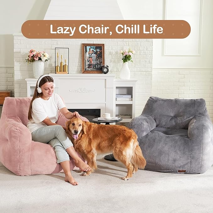 Bean Bag Sofa Chairs for Adults Comfy Bean Bag Sofa Fluffy Beanbag Chair Plush Chair Big Bubble Foam Sofa with Filler with Armrest for Apartment, Dorm, Living Room, Bedroom (Pink)