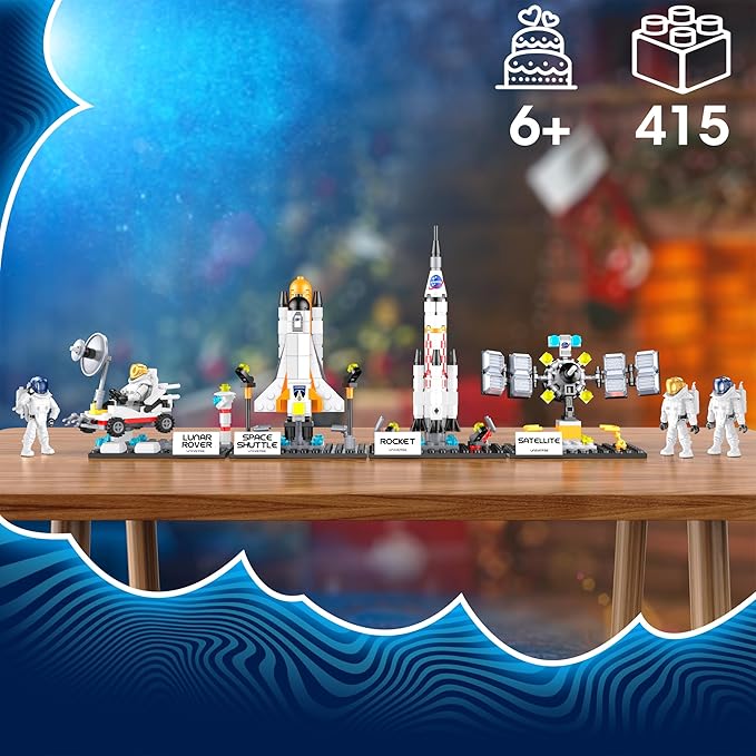 Valentines Day Gifts for Kids, Classroom-valentines Space Exploration Shuttle Toys for Aged 6-12 Kids, Girls, Boys, 4 IN 1 STEM Rocket Building Kit with 4 Astronauts, Kids Creative Gift Idea, 415 PCS