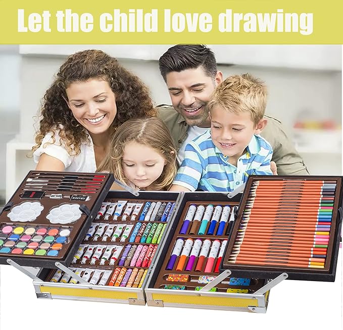 KINSPORY Art Supplies, 139 Pack Painting Drawing Art Kit with 2 Sketch Pads, Deluxe Double Layers Art Set Crafts, Colored Pencils, Oil Pastels, Watercolor Paints, Gift for Artists Kids (Yellow)