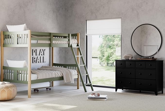 Storkcraft Caribou Bunk Bed Twin Over Twin Bunk Bed (Olive and Natural) - GREENGUARD Gold Certified, Twin Bunk Beds for Kids, Converts to 2 Individual Twin Beds (Mattress not Included)