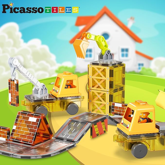 PicassoTiles Magnet Tile Construction Themed Building Blocks 5-in-1 Crane, Ladder, Dump Truck, Excavator, and Backhoe Action Figures, 2 Car Base Vehicles Magnetic Tiles Learning Toys Kids Ages3+ PTU06