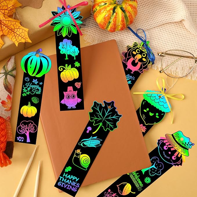 JUNEBRUSHS 30Pcs Fall Scratch Bookmarks, Rainbow Magic Scratch Paper Art Hello Fall Autumn Leaves Pumpkin Turkey DIY Crafts Kit for School Classroom Activity Thanksgiving Party Favor