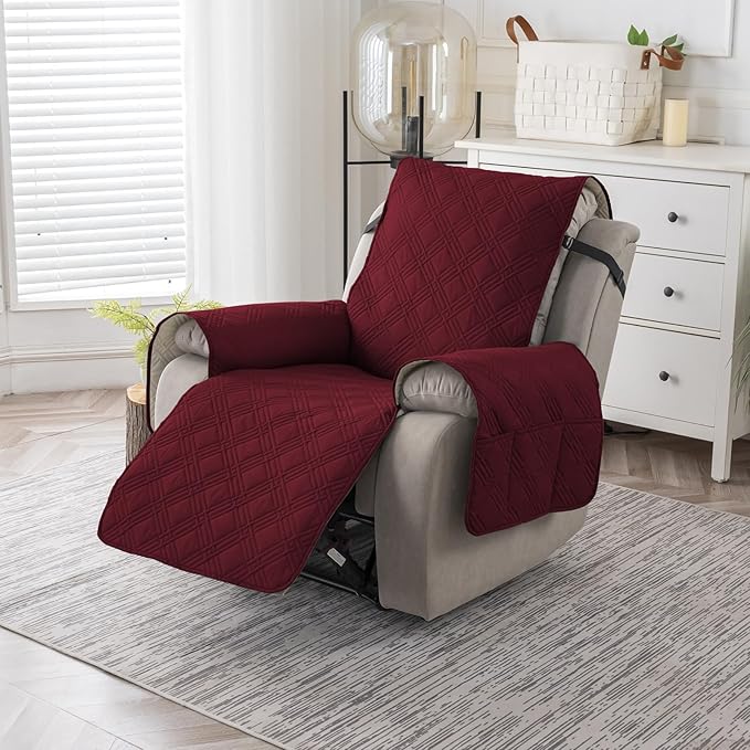 Easehomey 100% Waterproof Recliner Chair Covers, Non Slip Oversized Reclining Cover, Cover Furniture Protector Washable Chair Cover with Pocket,Elastic Straps for Kids,Pets,Dogs(Wine Red,28")