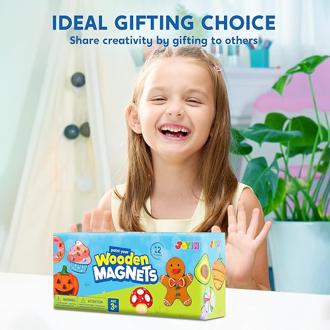JOYIN 12 pcs Wooden Magnets, Painting Craft for Boys and Girls, Spring and Rainy Day Activities Kit, Craft Toys Gifts for Kids Birthday Easter