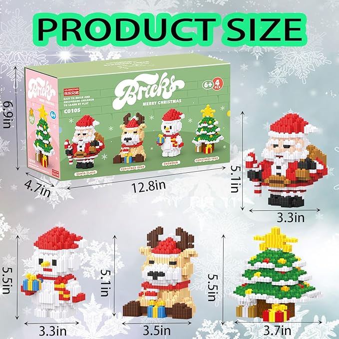 Christmas Building Blocks Sets 4 in 1 Compatible for Lego Christmas Micro Blocks Stacking New Toys Holiday Present Box New Year Birthday Gifts for Kids 6-12 Years Old (4 in 1)