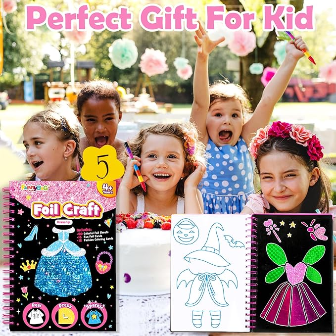Foil Art Craft Activity for Kids: Fun DIY Toy Sticker Kit, No Mess Creative Travel Supply Set, Idea Birthday Easter Basket Stuffers Valentines Gift for Girl Boy Toddler 4 5 6 7 8 9 Year Old (Dress Up)