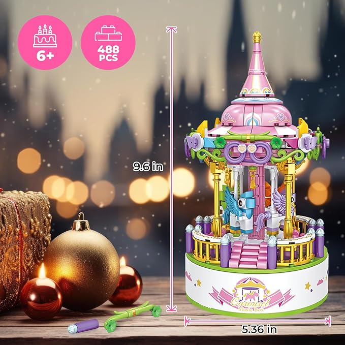 Contixo Building STEM Toys - BK02 488 PCS Carousel Music Boxes, Horse Rotating Building Blocks, Kids Building Toys for Girls Boys, Birthday Gifts for Adults, Daughter Christmas Festival Music Box