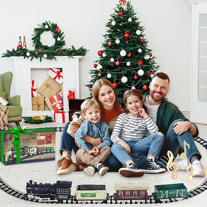 Kids Train Set - Train Toys w/Sounds (Turn ON/Off), Lights, Electric Toddlers Classical Train for Christmas Village Tree, Train Set for Toddlers 2-4, Christmas Toys Gifts 3 4 5 6 7 8+ Year Old