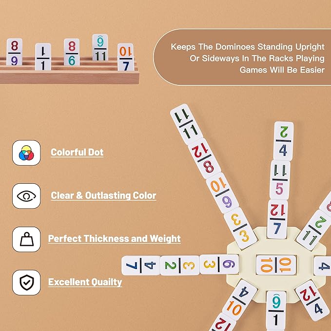 Mexican Train Dominoes Set with Numbers - Double 12 Colored Number Dominoes - Includes 91 Tiles with 9 Trains, 4 Wooden Trays and Storage Bag for 2-8 Players Ages 8+