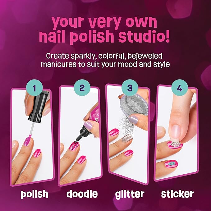 Nail Art Studio for Girls - Nail Polish Kit for Kids Ages 7-12 Years Old - Girl Gifts Ideas - Gilrs Nails Gift Set - Cool Girly Stuff - Polish, Pens, Glitter, Stickers, Gems, Filer - 8 9 10 11 12 Year