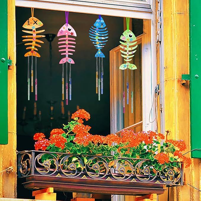 Fennoral 12 Pack Wind Chime Kit Spring Craft for Kids Wooden Arts and Crafts for Girls Boys Make Your Own Fish Wind Chime Ornaments DIY Coloring Fish Craft for Winter Birthday Party Supplies