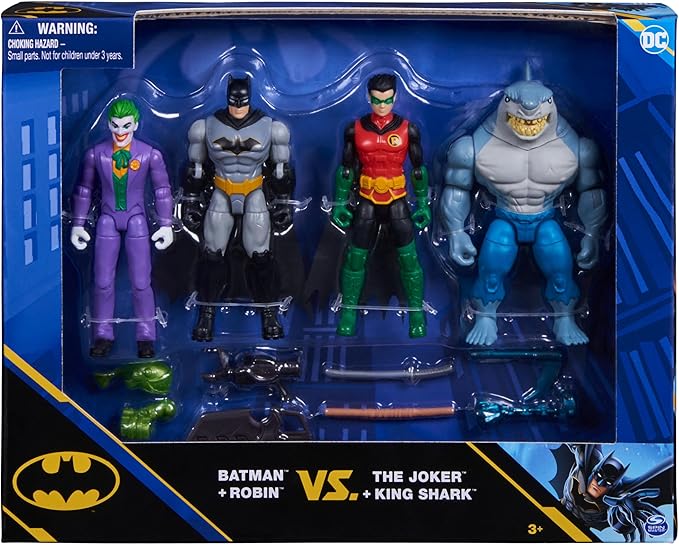 DC Comics, Batman and Robin vs. The Joker and King Shark, 4-inch Action Figures, Kids Toys for Boys and Girls Ages 3 and Up