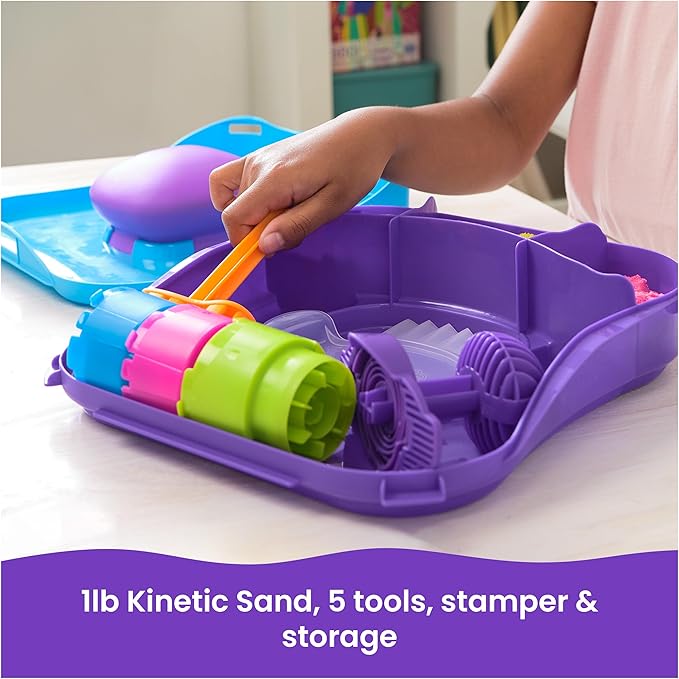 Kinetic Sand, SquishMotion with 1lb Pink, Yellow & Blue Play Sand, Stamper & 5 Tools, Storage Case, Sensory Toys for Kids Ages 5 and up