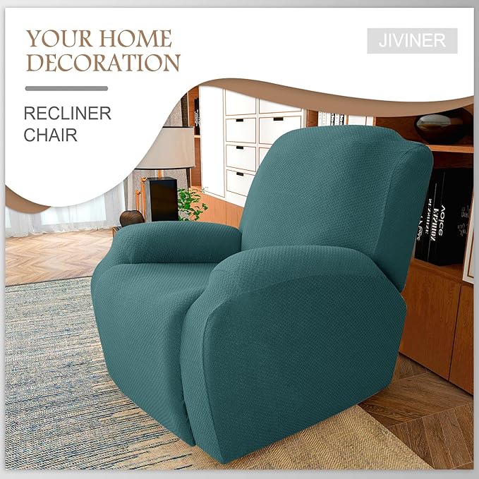 JIVINER 4-Piece Recliner Chair Covers Stretch Jacquard Covers for Recliner Chair Recliner Slipcovers for Living Room Soft Recliner Protector with Pocket (Recliner, Peacock Blue)