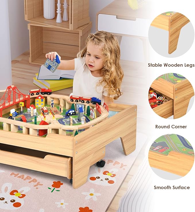 HONEY JOY Train Table, Wooden Kids Activity Table with Storage Drawer, 100 Multicolor Pieces, Tracks, Trains, Cars, Toddler Train Table Set, Gift for Boys Girls Age 3+, Natural