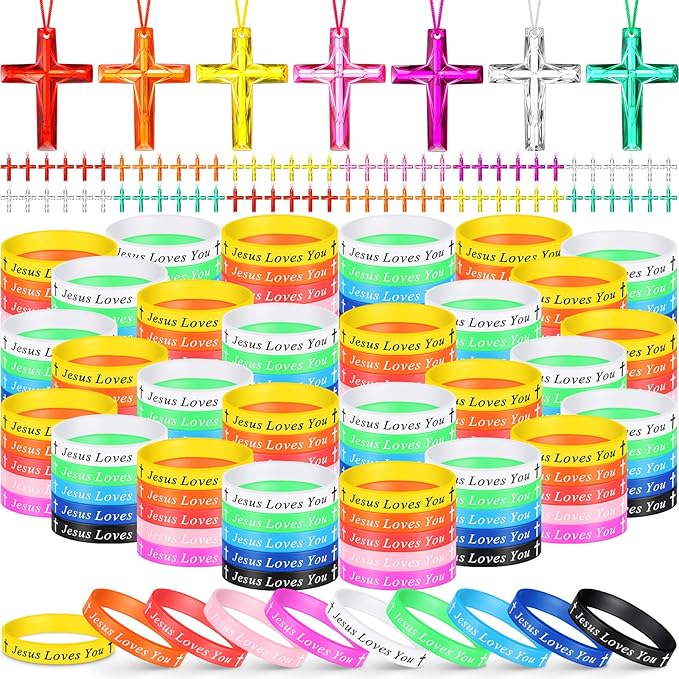 PerKoop 300 Pcs Christian Gifts Include Jesus Loves You Silicone Bracelets and Plastic Cross Necklace for Christian Party Favors