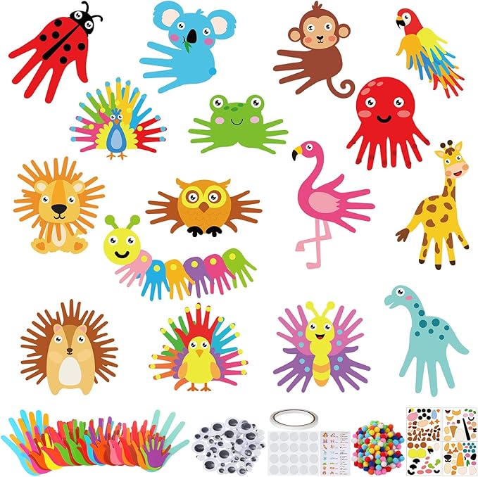 Sumind 16 Sets Arts and Crafts Kits for Kids Ages 3-5 Toddlers Craft Kit for Preschoolers Kindergarten Elementary Animal Handprint Educational Learning Easy Fun School Birthday Gift for School Opening